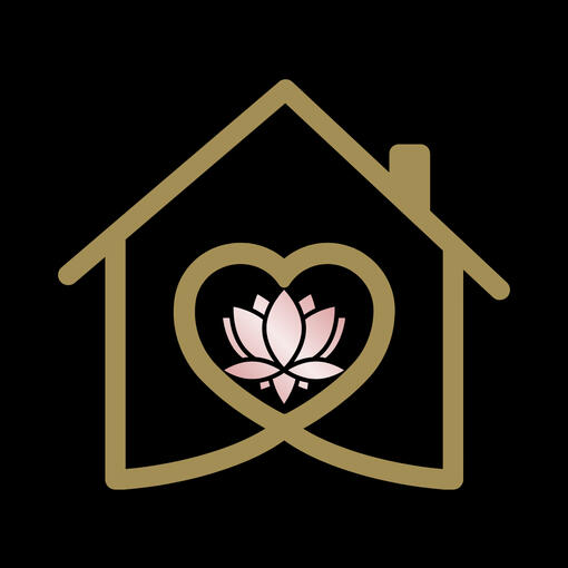 A gold outline of a house where the bottom line curls into the outline of a heart. Inside the heart is a pink lotus. The image is on a black background.